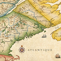 Carte en couleur de l'Amérique du Nord-Est avec les territoires des Premières Nations, des noms spécifiques des Nations et les rivières principales.