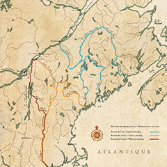 Carte couleur du sud est du Québec. En couleur, on voit des chemins et des rivières empruntés par les Abénakis lors des migrations vers le nord.