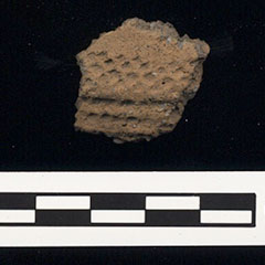 Colour photograph of a piece of pottery with engraved patterns (horizontal lines and dots).