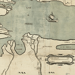 Carte beige et bleue du lac Saint-Pierre et de ses environs.On retrouve un bateau à voile sur le lac.