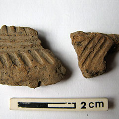 Photographie couleur de deux tessons de poterie avec des motifs de lignes obliques gravées.