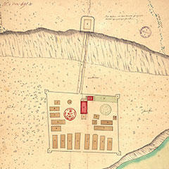 Color plan of the Fort d'Odanak. There are 19 longhouses, a church with its outbuildings and a path leading to a redoubt.