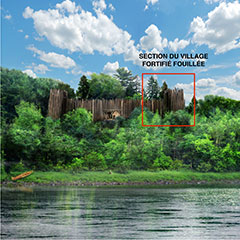 Illustration couleur du fort d'Odanak avec un carré rouge qui démontre une zone fouillée par les archéologues. Le Fort est entouré par de la végétation et est situé près d'une rivière.